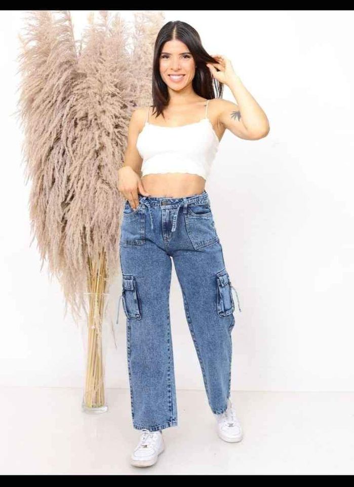PANTALON CASUAL SUELTO MUJER CELESTE CLARO CARGO REGULADOR JEAN - 1