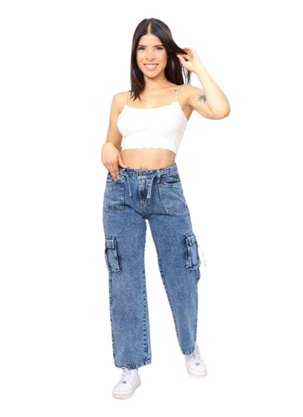 PANTALON CASUAL SUELTO MUJER CELESTE CLARO CARGO REGULADOR JEAN - 2