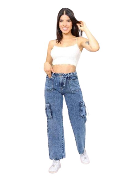 PANTALON CASUAL SUELTO MUJER CELESTE CLARO CARGO REGULADOR JEAN - 2