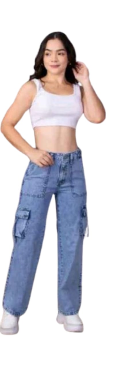 PANTALON CASUAL LARGO SUELTO MUJER AGUA CARGO REGULADOR JEAN - 1