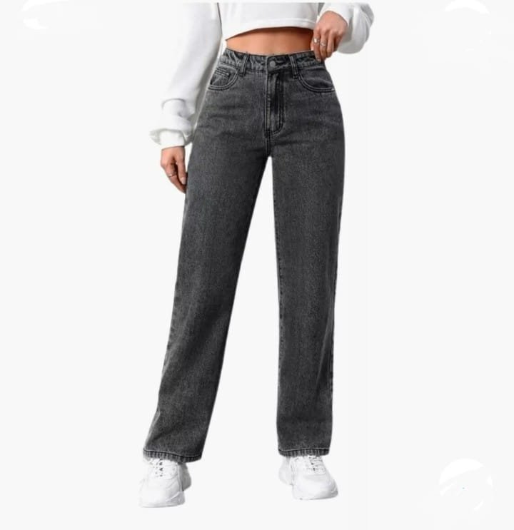 PANTALÓN MUJER GRIS OSCURO BAGGY JEAN RIGIDO - 1