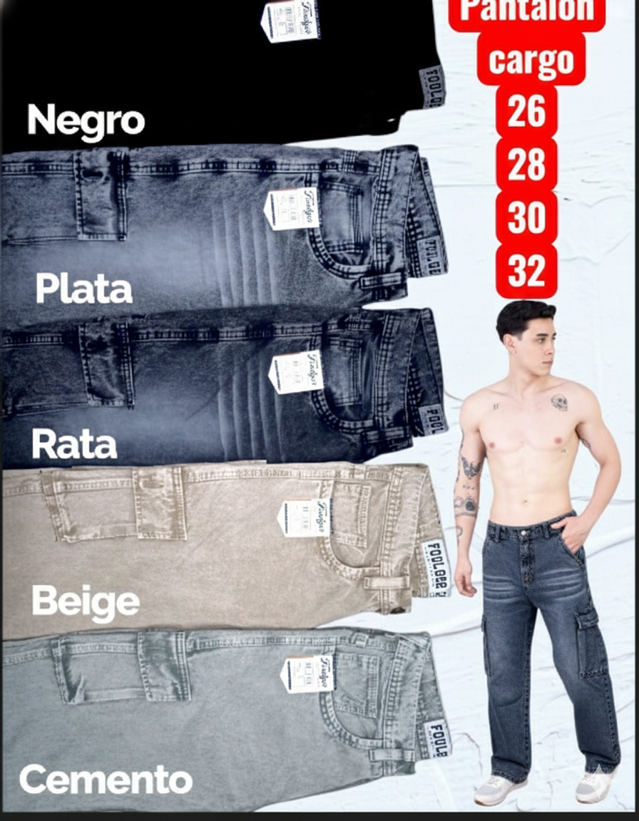 PANTALON JEAN CARGO COLOR RATA - 2