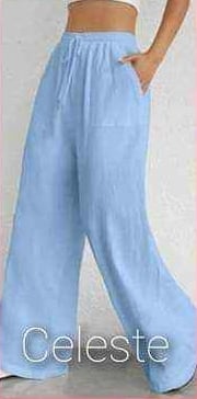 PANTALÓN CASUAL LINO PALAZZO MUJER CELESTE CLARO - 1