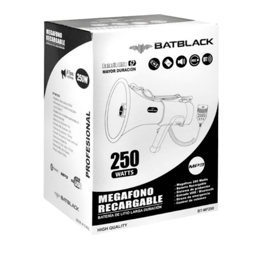 MEGÁFONO RECARGABLE DE 250W BATBLACK CON SISTEMA DE GRABACIÓN Y SIRENA - 3