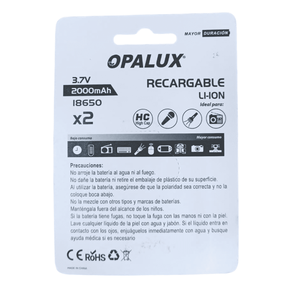 PILA BATERIA ICR18650 OPALUX  2000MAH BLISTER X 2 UND - 2