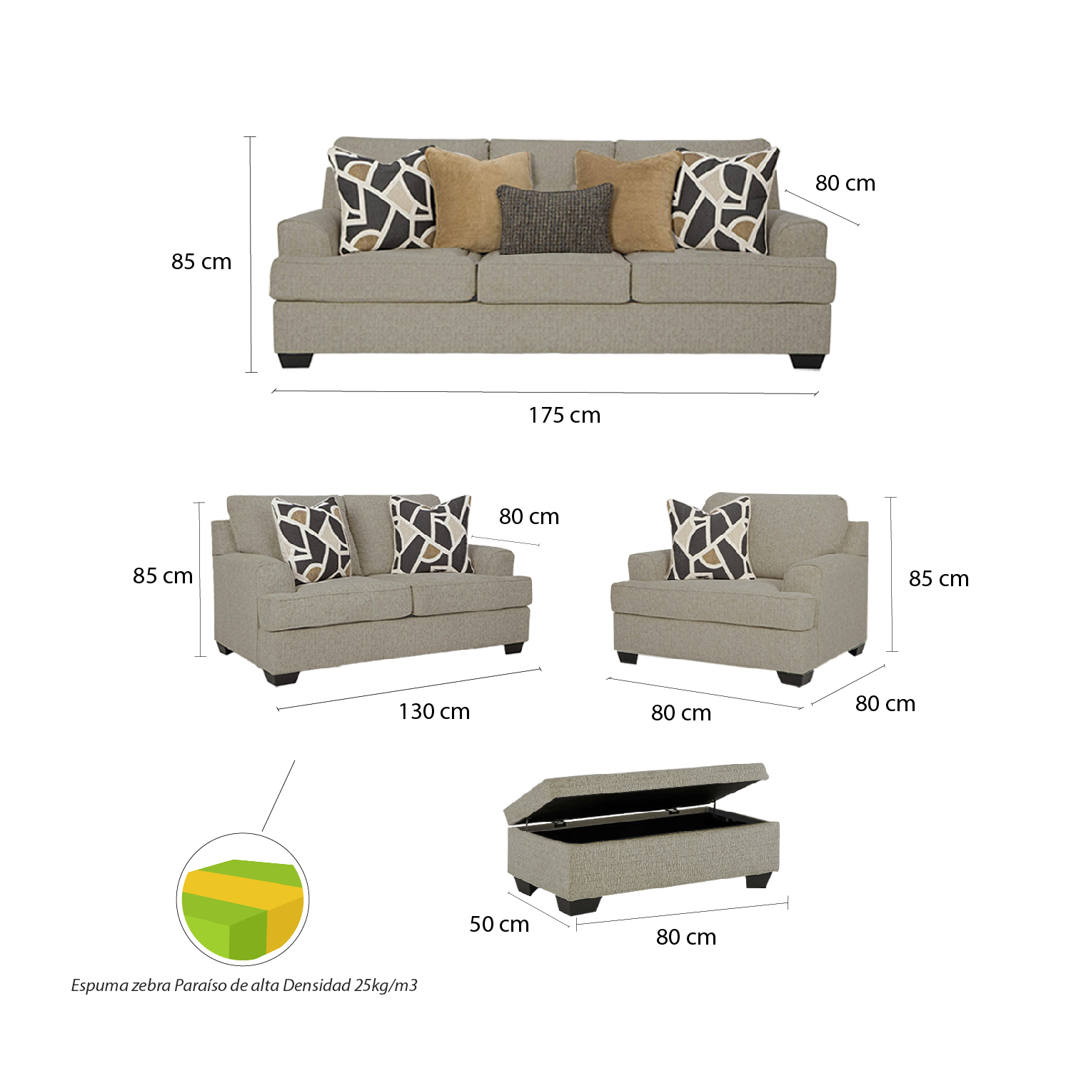 Ripley - JUEGO DE SALA 3-2-1 + BANQUETA BAÚL DE REGALO ADEM BEIGE