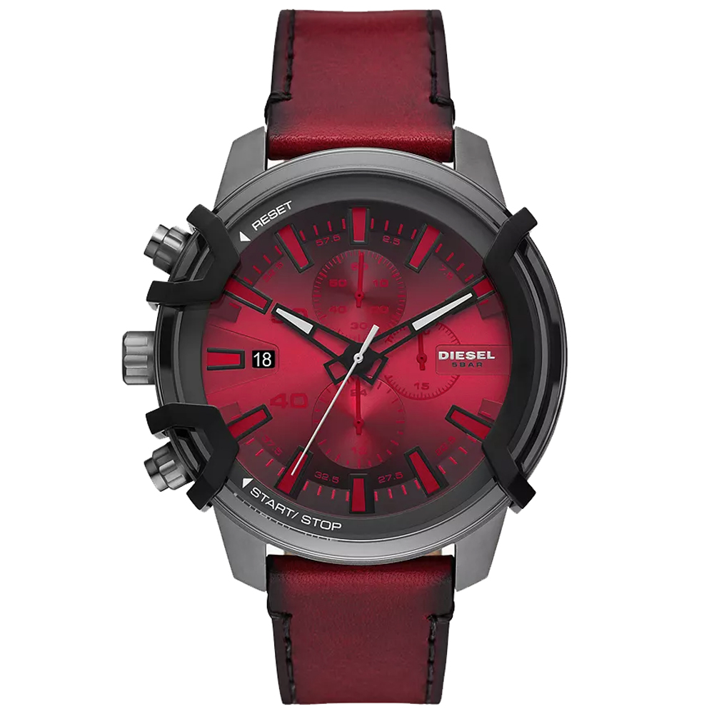 RELOJ HOMBRE ANÁLOGO DIESEL GRIFFED DZ4594 FECHA CRONÓMETRO ACERO GUNMETAL CORREA CUERO ROJO - 1