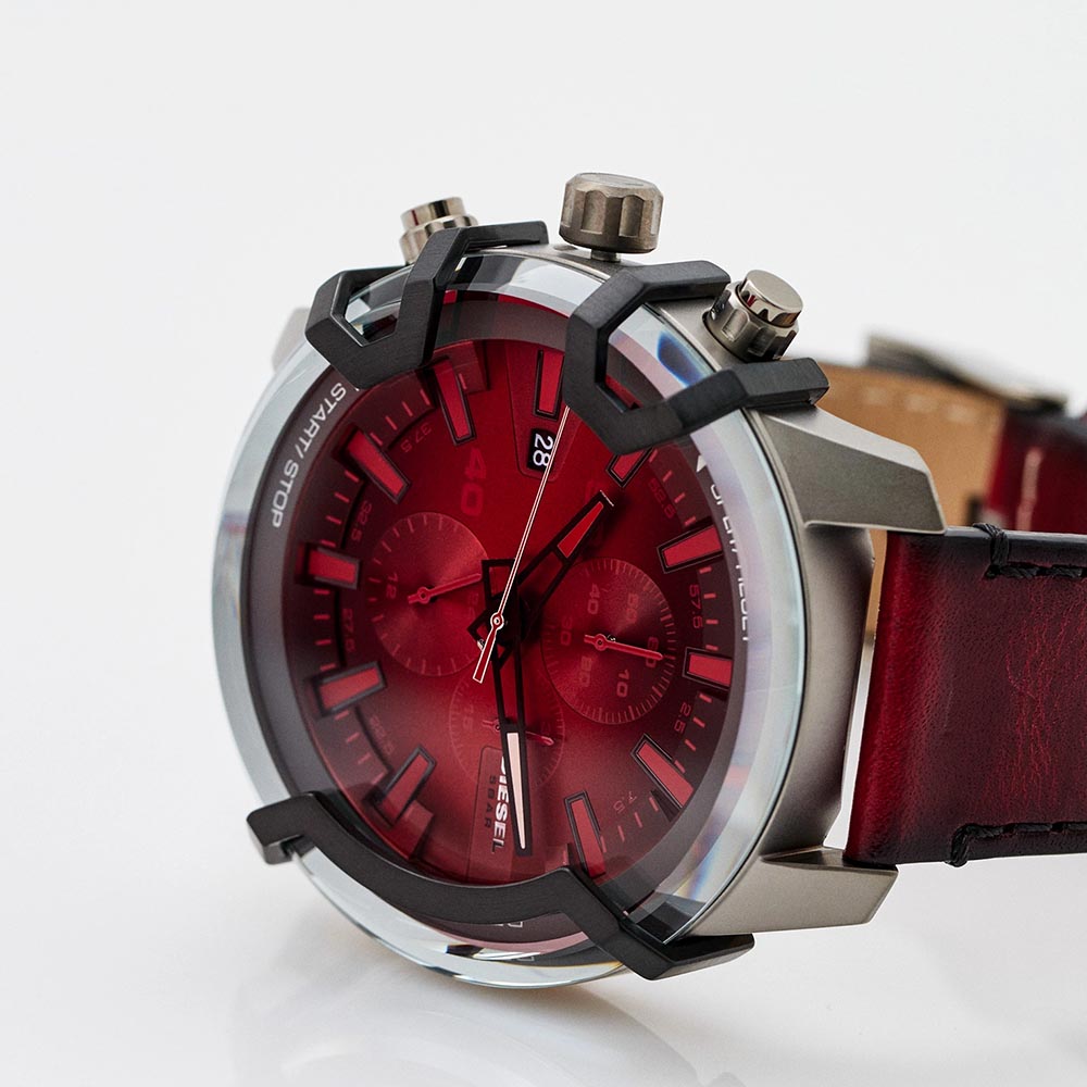 RELOJ HOMBRE ANÁLOGO DIESEL GRIFFED DZ4594 FECHA CRONÓMETRO ACERO GUNMETAL CORREA CUERO ROJO - 2