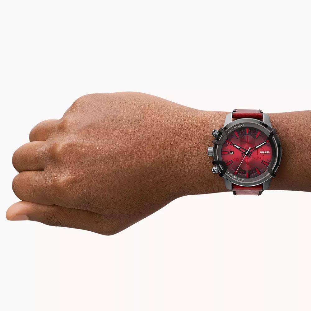 RELOJ HOMBRE ANÁLOGO DIESEL GRIFFED DZ4594 FECHA CRONÓMETRO ACERO GUNMETAL CORREA CUERO ROJO - 4