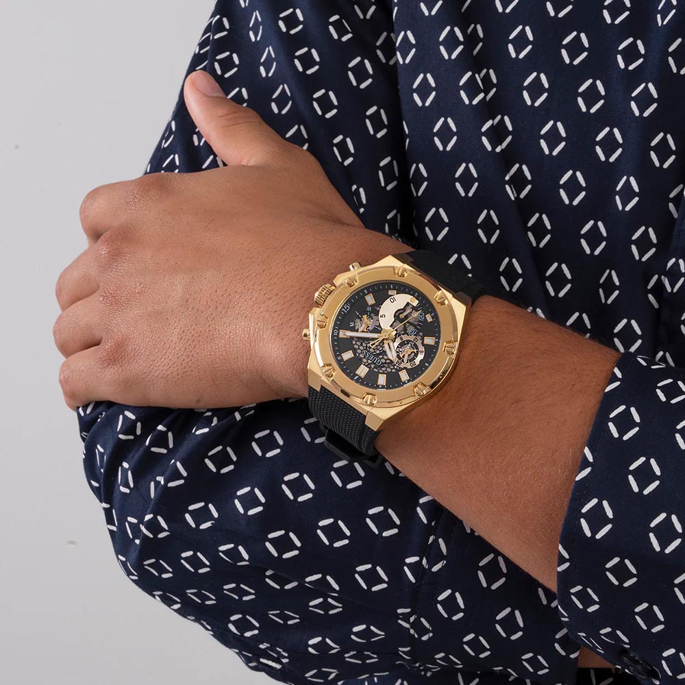 RELOJ GUESS THIRD GEAR GW0334G2 HOMBRE ANÁLOGO MULTIFUNCIONAL ACERO INOXIDABLE DORADO SILICONA NEGRO - 6