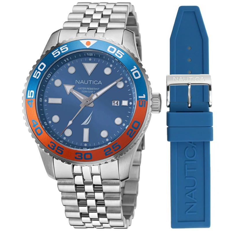 RELOJ NAUTICA PACIFIC BEACH NAPPBF146 SET 2 CORREAS PARA HOMBRE FECHA ACERO INOXIDABLE Y SILICONA - 1