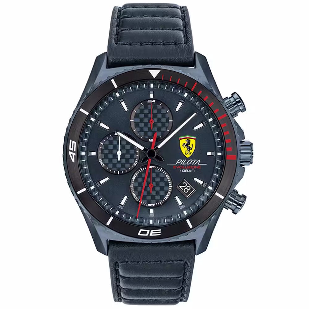 RELOJ HOMBRE ANÁLOGO FERRARI PILOTA EVO 0830774 FECHA CRONÓMETRO ACERO INOXIDABLE Y CORREA DE CUERO AZUL - 1