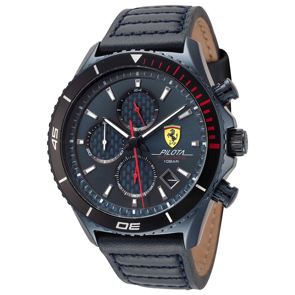 RELOJ HOMBRE ANÁLOGO FERRARI PILOTA EVO 0830774 FECHA CRONÓMETRO ACERO INOXIDABLE Y CORREA DE CUERO AZUL - 2