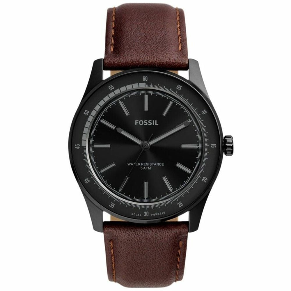RELOJ FOSSIL SULLIVAN BQ2666 SOLAR ANÁLOGO HOMBRE CORREA DE CUERO MARRON DIAL NEGRO - 1