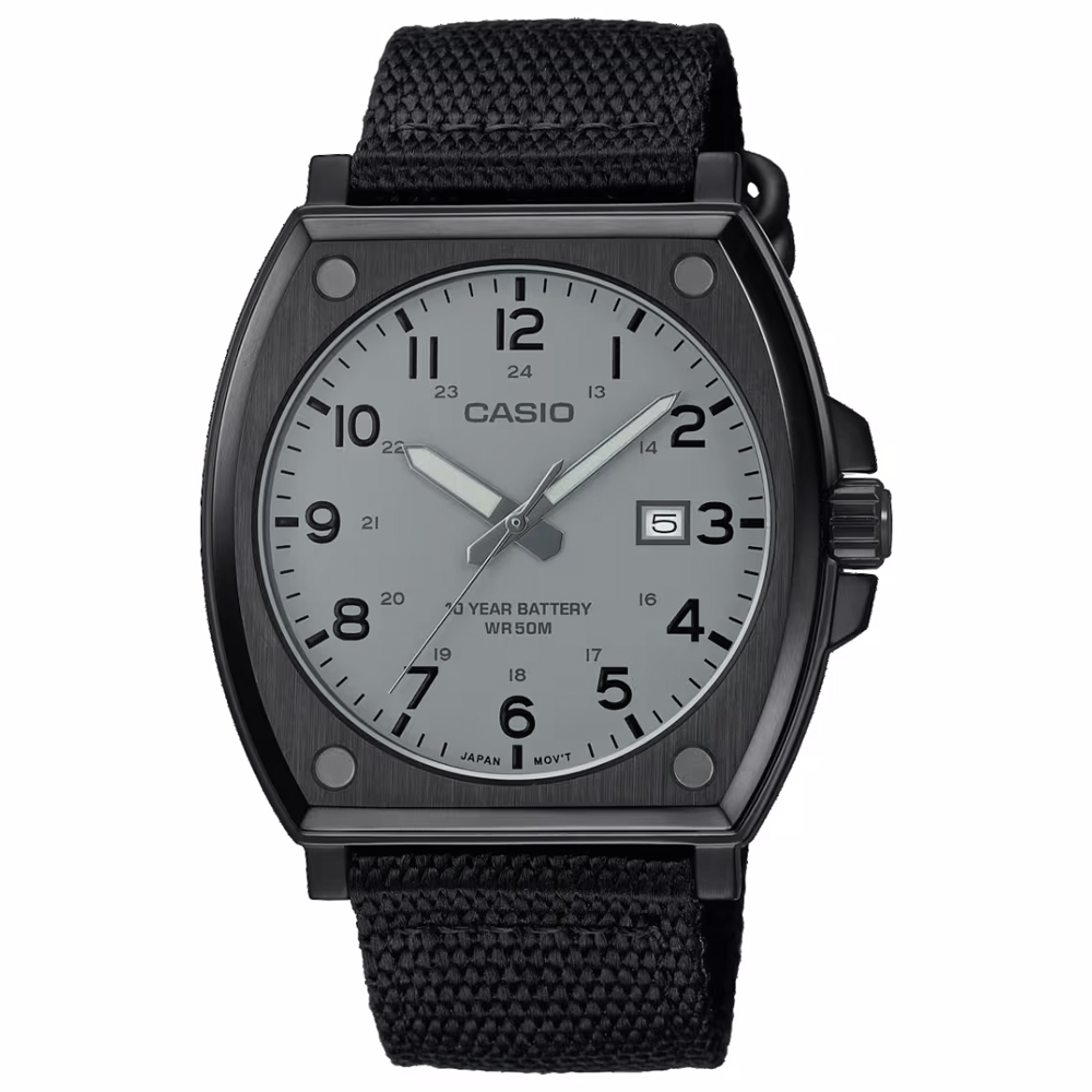 RELOJ HOMBRE CASIO MTP-E715C-8AV ANÁLOGO FECHA ACERO INOXIDABLE CORREA NYLON NEGRO DIAL GRIS - 1