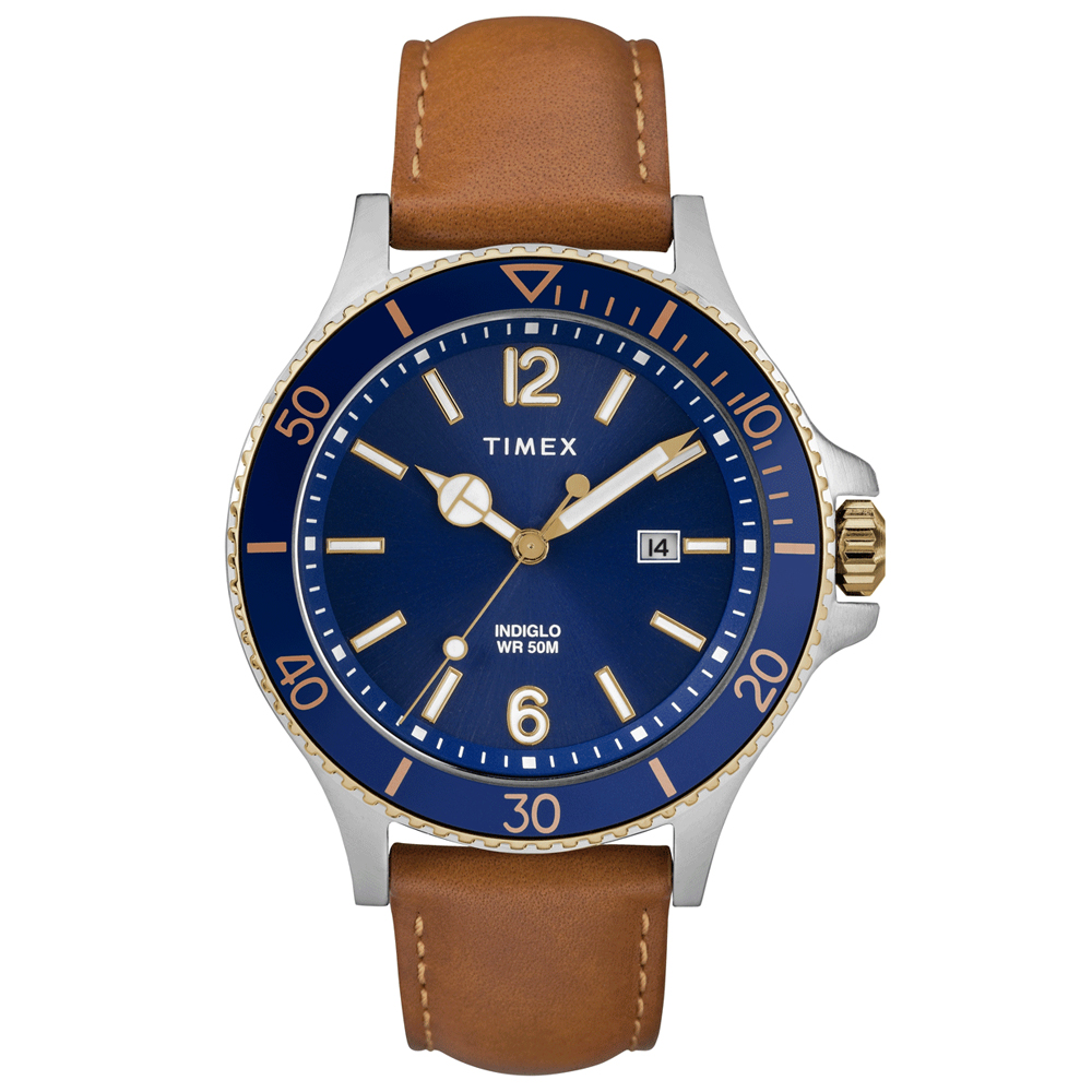RELOJ TIMEX HARBORSIDE TW2R64500 Luz Indiglo Fecha CORREA CUERO MARRÓN DIAL AZUL - 1