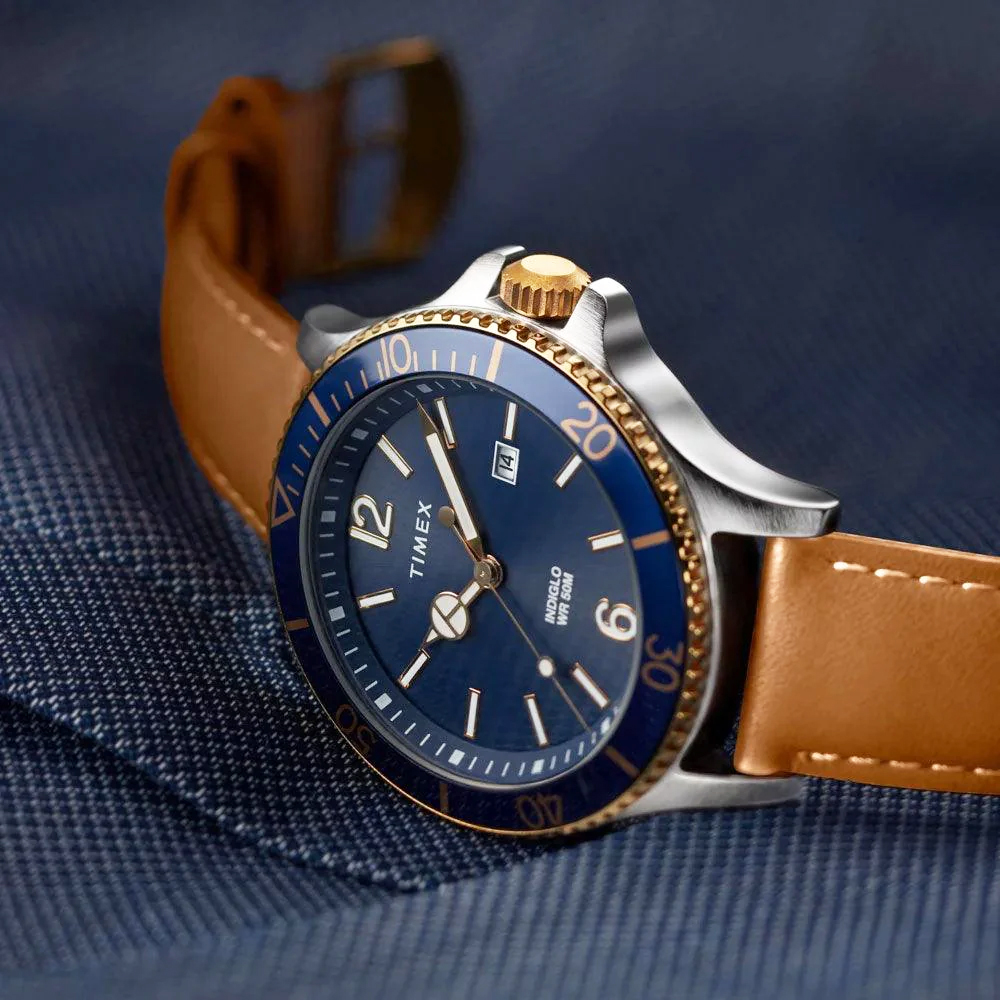 RELOJ TIMEX HARBORSIDE TW2R64500 Luz Indiglo Fecha CORREA CUERO MARRÓN DIAL AZUL - 2