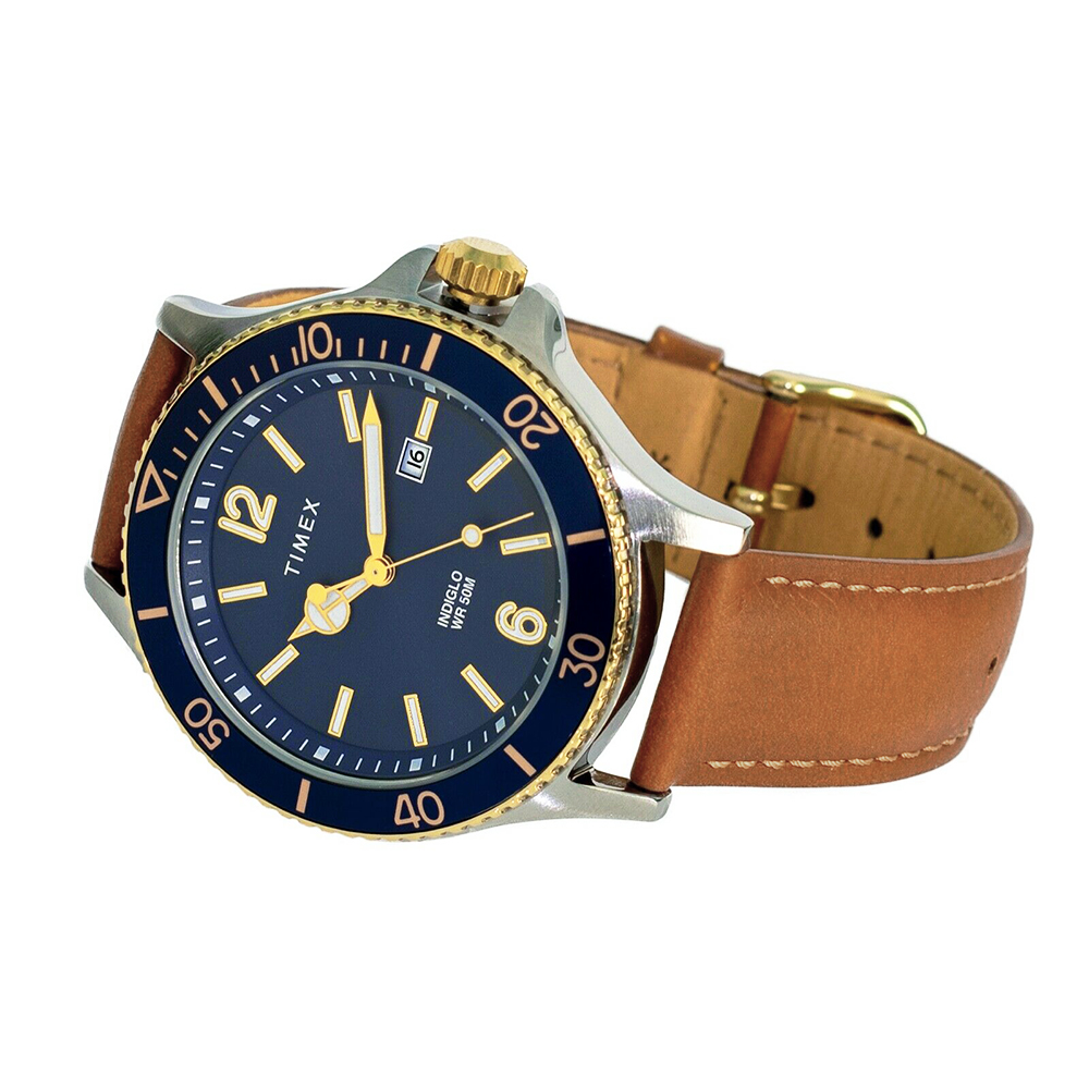 RELOJ TIMEX HARBORSIDE TW2R64500 Luz Indiglo Fecha CORREA CUERO MARRÓN DIAL AZUL - 4