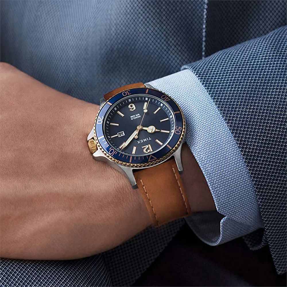 RELOJ TIMEX HARBORSIDE TW2R64500 Luz Indiglo Fecha CORREA CUERO MARRÓN DIAL AZUL - 5