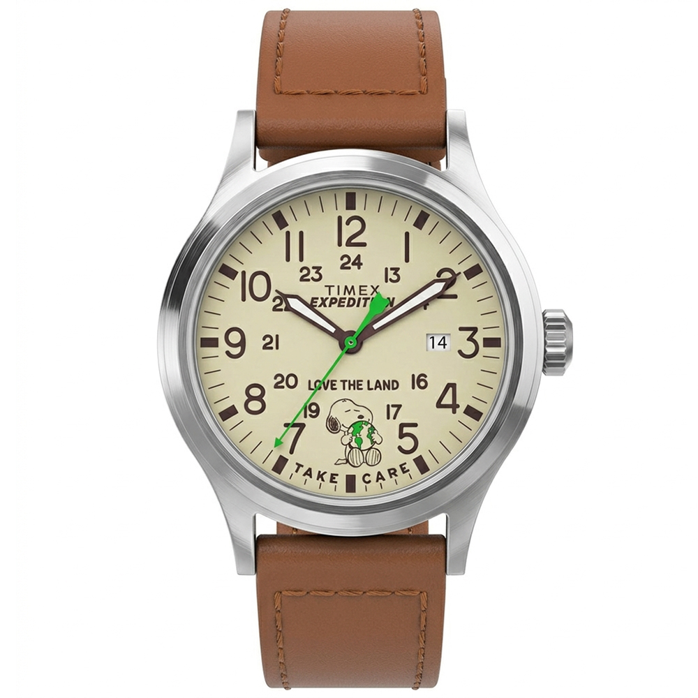 RELOJ TIMEX EXPEDITION SCOUT X PEANUTS TW4B25000 SNOOPY FECHA LUZ INDIGLO CORREA CUERO MARRÓN - 1