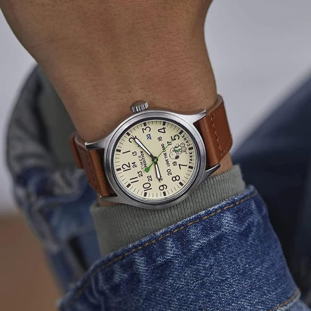 RELOJ TIMEX EXPEDITION SCOUT X PEANUTS TW4B25000 SNOOPY FECHA LUZ INDIGLO CORREA CUERO MARRÓN - 3
