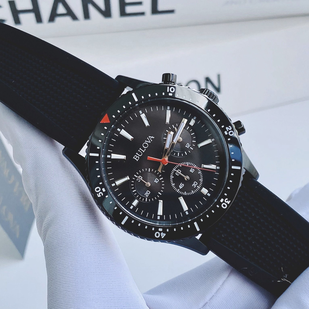 RELOJ BULOVA 98A267 PARA HOMBRE CRONOMETRO ACERO INOXIDABLE Y CORREA DE SILICONA NEGRO - 6