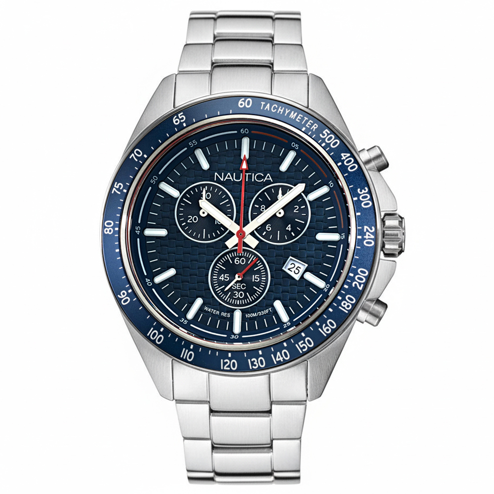 RELOJ NAUTICA OCEAN BEACH NAPOBS113 FECHA CRONÓMETRO ACERO INOXIDABLE DIAL AZUL - 1