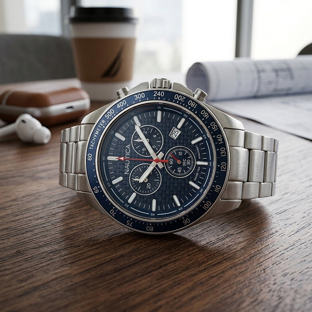 RELOJ NAUTICA OCEAN BEACH NAPOBS113 FECHA CRONÓMETRO ACERO INOXIDABLE DIAL AZUL - 2