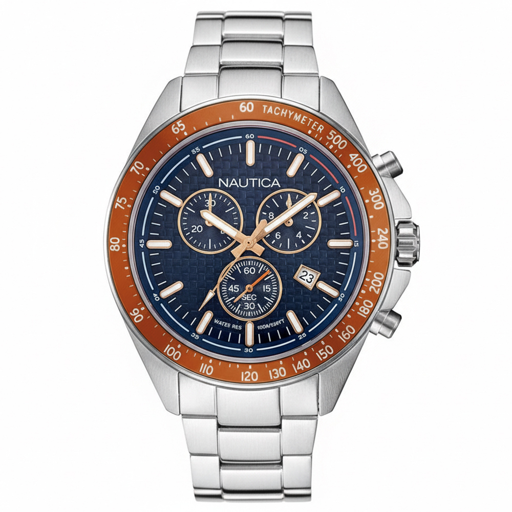RELOJ NAUTICA OCEAN BEACH NAPOBF117 FECHA CRONÓMETRO ACERO INOXIDABLE DIAL AZUL - 1