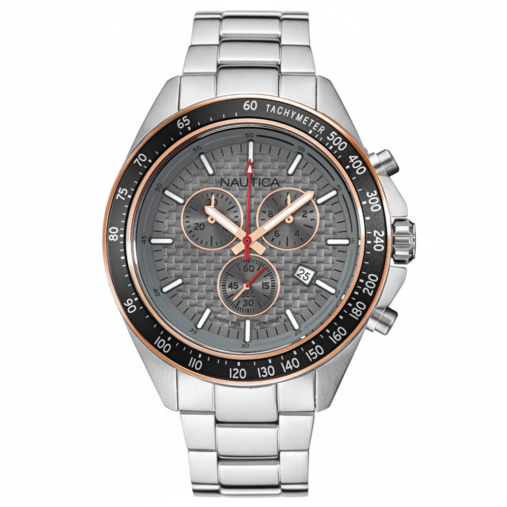 RELOJ NAUTICA OCEAN BEACH NAPOBS115 FECHA CRONÓMETRO ACERO INOXIDABLE DIAL GRIS - 1