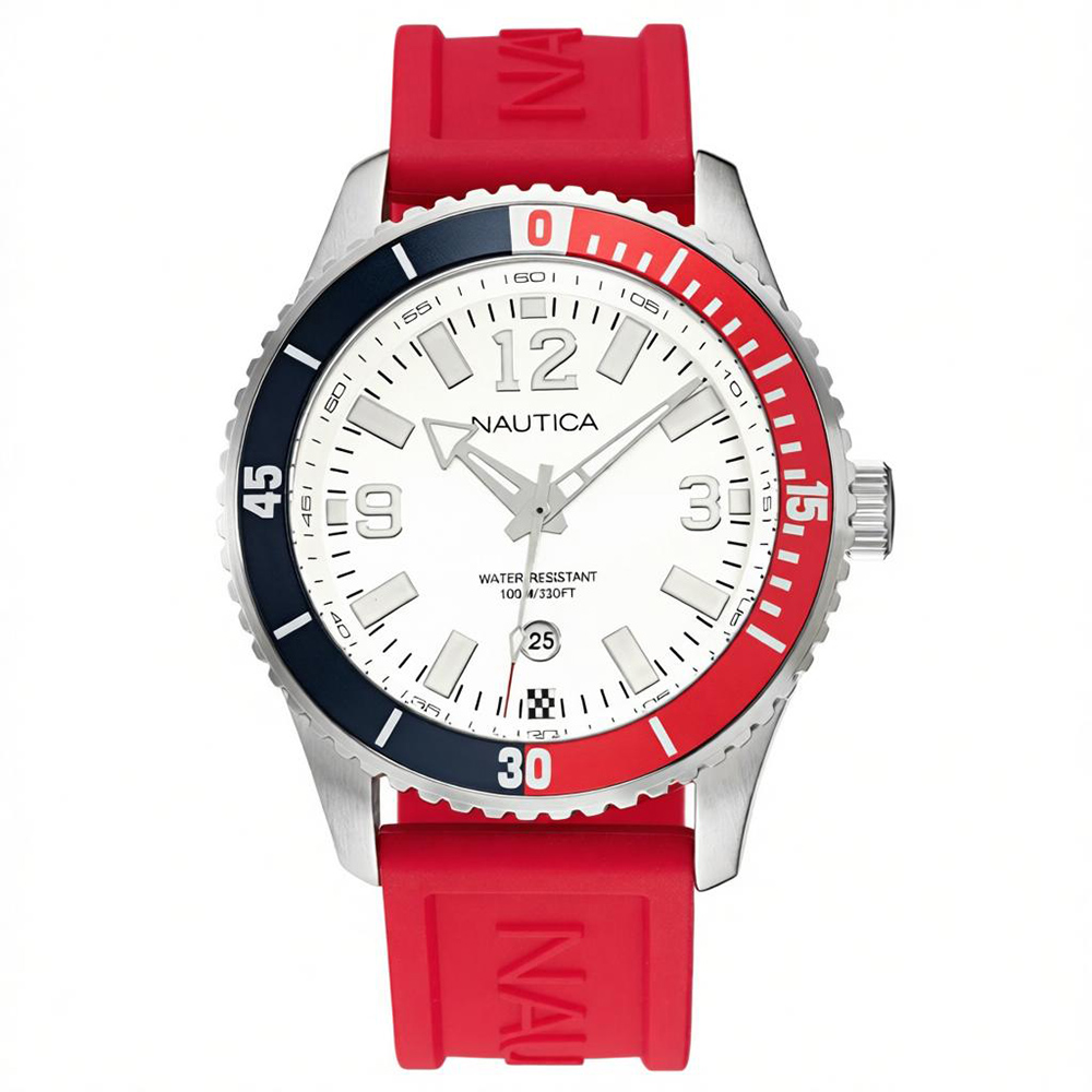 RELOJ NAUTICA PACIFIC BEACH NAPPBS160 FECHA ACERO INOXIDABLE CORREA SILICONA ROJO DIAL BLANCO - 1