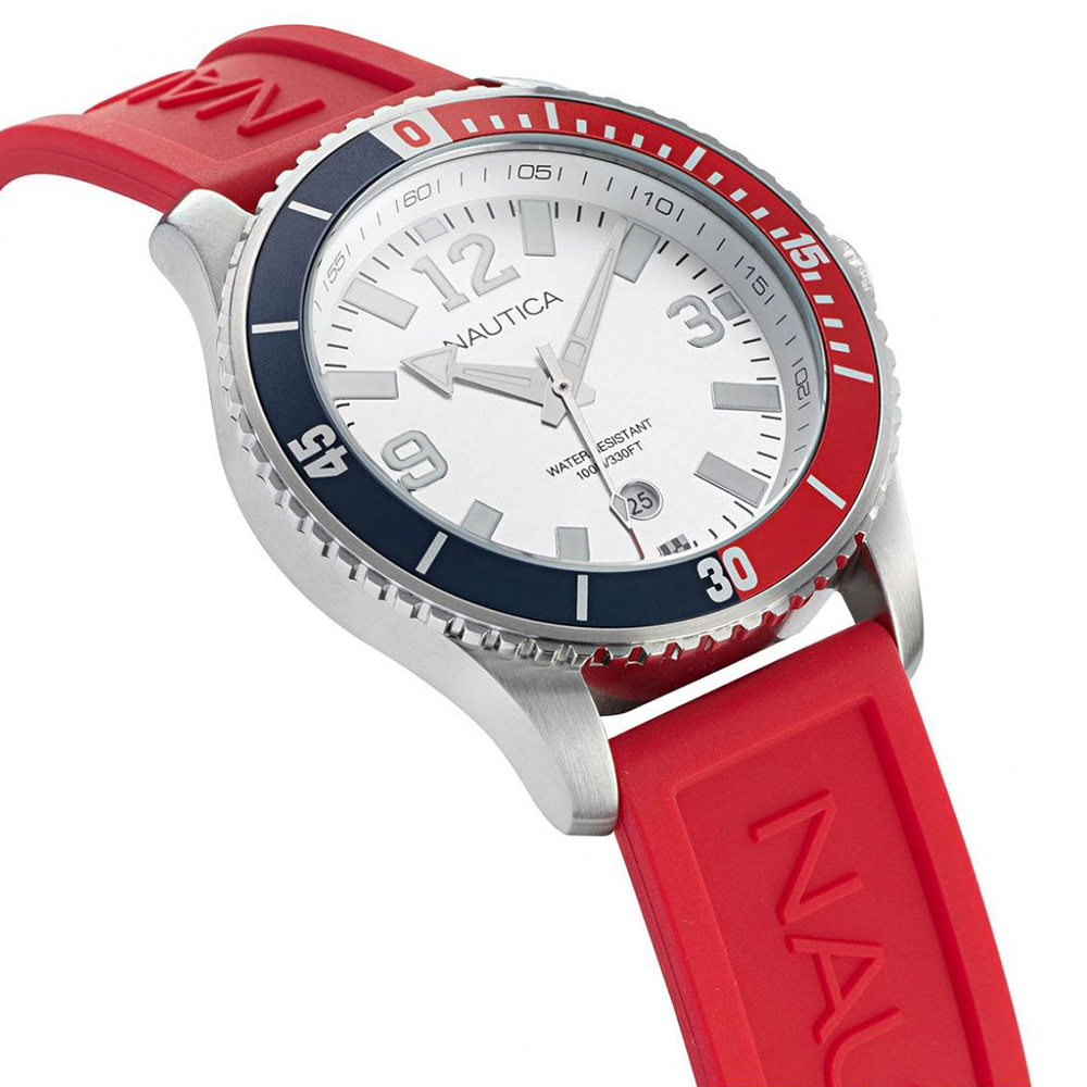 RELOJ NAUTICA PACIFIC BEACH NAPPBS160 FECHA ACERO INOXIDABLE CORREA SILICONA ROJO DIAL BLANCO - 2