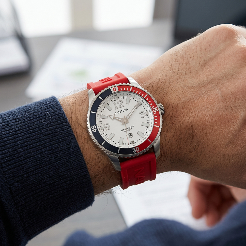 RELOJ NAUTICA PACIFIC BEACH NAPPBS160 FECHA ACERO INOXIDABLE CORREA SILICONA ROJO DIAL BLANCO - 3