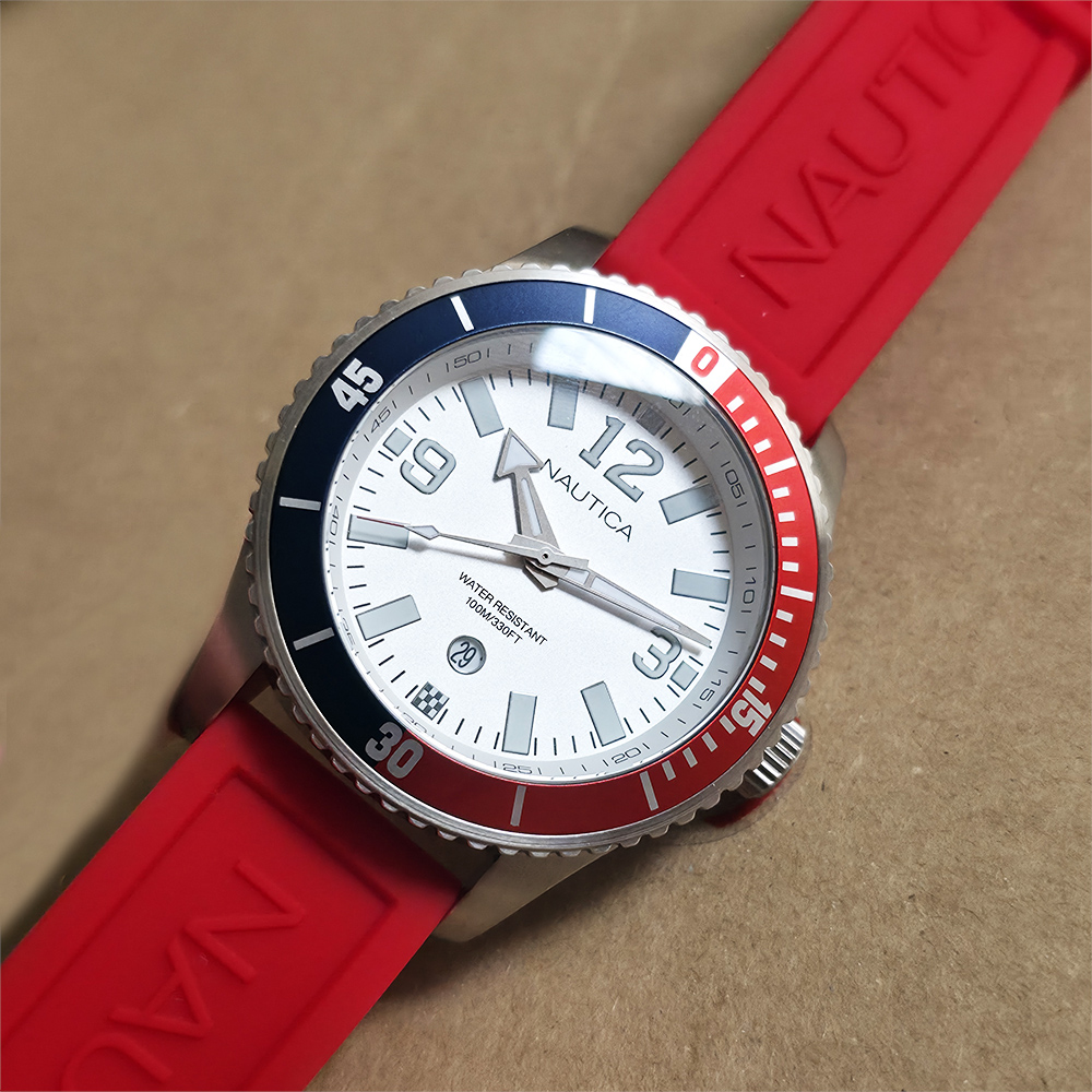 RELOJ NAUTICA PACIFIC BEACH NAPPBS160 FECHA ACERO INOXIDABLE CORREA SILICONA ROJO DIAL BLANCO - 4