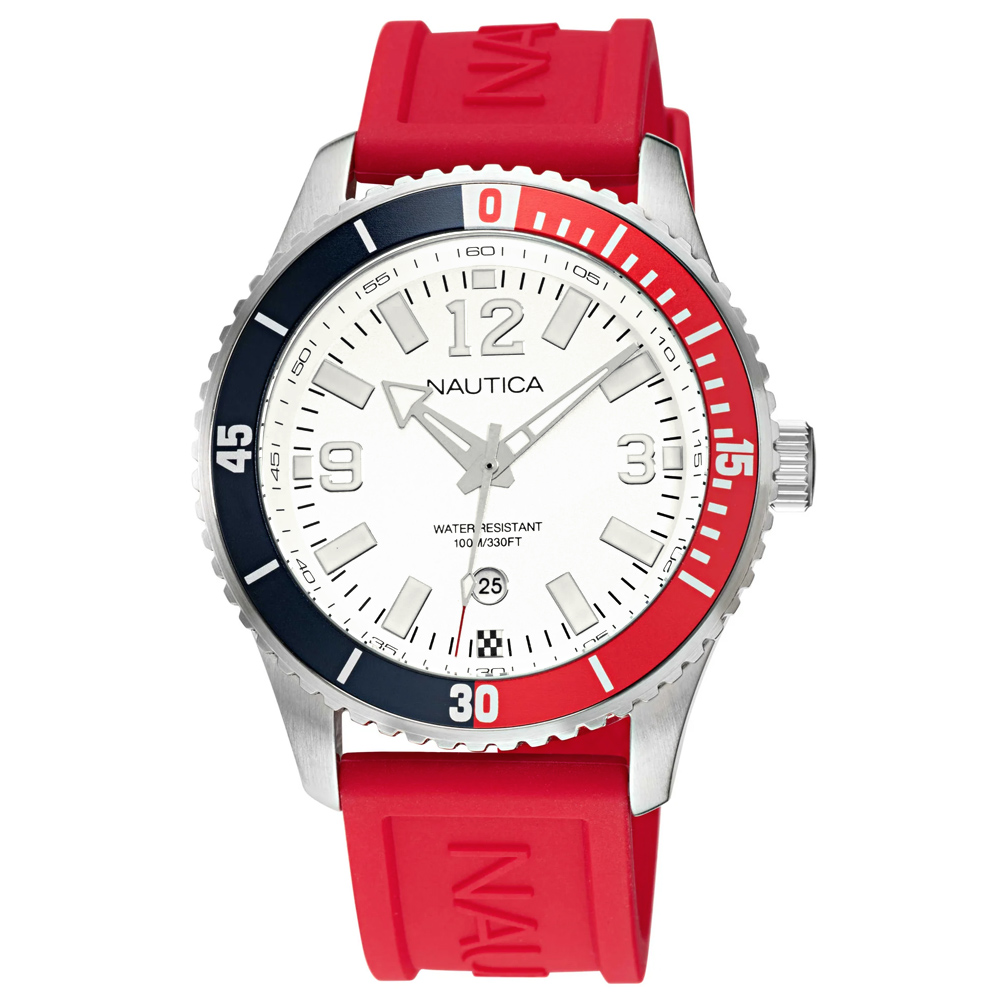 RELOJ NAUTICA PACIFIC BEACH NAPPBS160 FECHA ACERO INOXIDABLE CORREA SILICONA ROJO DIAL BLANCO - 5