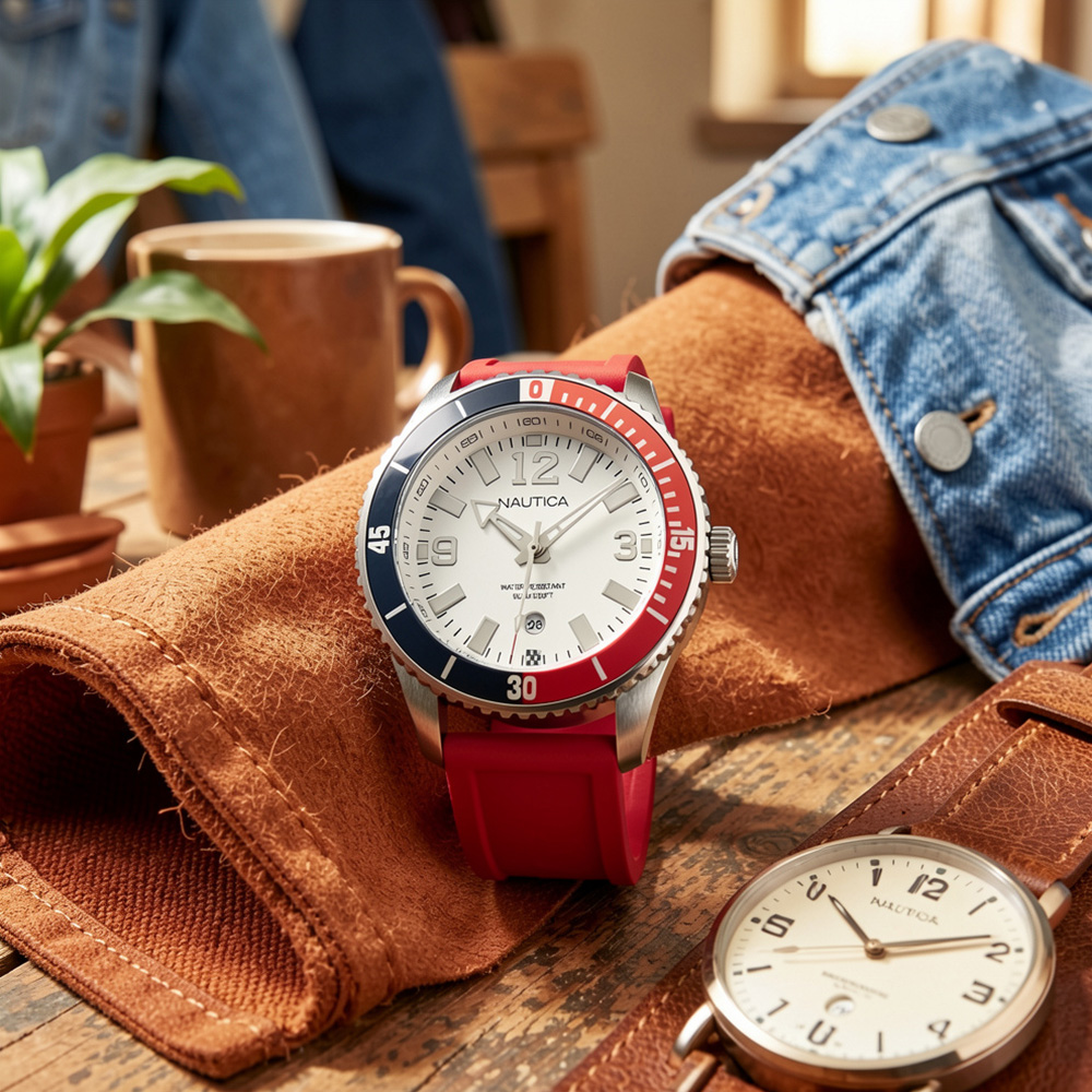 RELOJ NAUTICA PACIFIC BEACH NAPPBS160 FECHA ACERO INOXIDABLE CORREA SILICONA ROJO DIAL BLANCO - 7