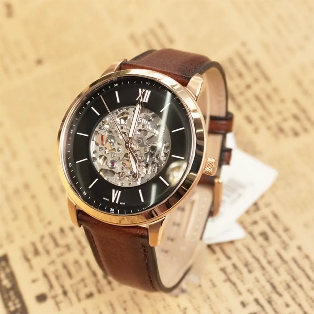 RELOJ FOSSIL NEUTRA ME3195 AUTOMÁTICO ACERO INOXIDABLE ORO ROSADO CORREA CUERO MARRÓN - 3