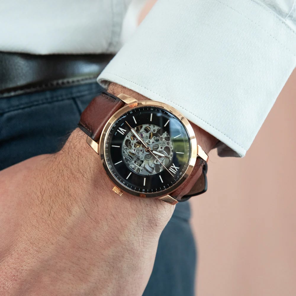 RELOJ FOSSIL NEUTRA ME3195 AUTOMÁTICO ACERO INOXIDABLE ORO ROSADO CORREA CUERO MARRÓN - 4
