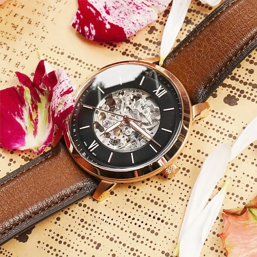 RELOJ FOSSIL NEUTRA ME3195 AUTOMÁTICO ACERO INOXIDABLE ORO ROSADO CORREA CUERO MARRÓN - 5
