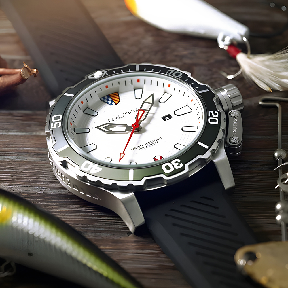 RELOJ NAUTICA GLENROCK LAGOON NAPGLS112 FECHA ACERO INOXIDABLE CORREA SILICONA NEGRO DIAL BLANCO - 3