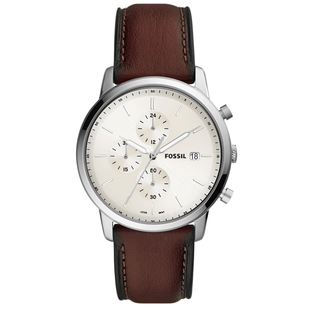 RELOJ FOSSIL MINIMALIST CHRONO FS5849 FECHA CONÓMETRO CUERO MARRÓN DIAL MARFIL - 1