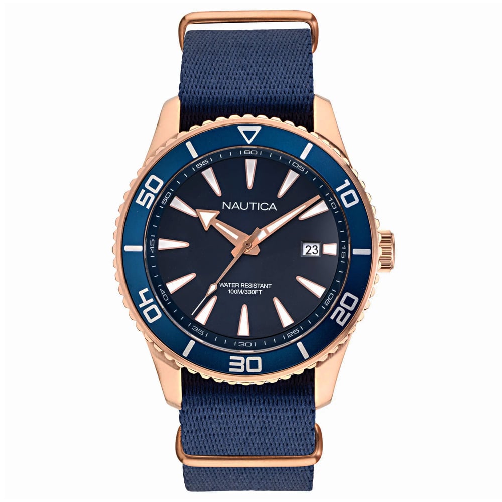 RELOJ NAUTICA PACIFIC BEACH NAPPBF907 FECHA ACERO INOXIDABLE CORREA DE NYLON Y DIAL AZUL - 1