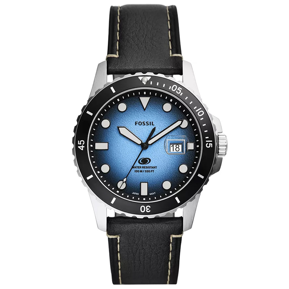 RELOJ FOSSIL BLUE FS5960 FECHA CORREA DE CUERO NEGRO DIAL CELESTE - 1