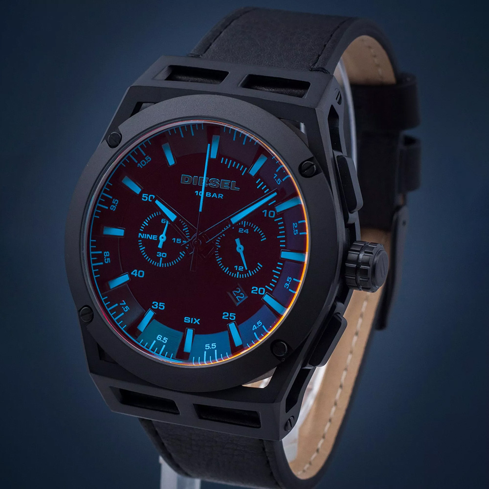 RELOJ DIESEL TIMEFRAME DZ4544 FECHA CRONÓMETRO CUERO NEGRO CRISTAL IRIDISCENTE - 7