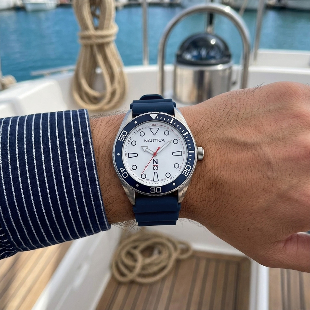 RELOJ NAUTICA FINN WORLD NAPFWF115 ACERO INOXIDABLE CORREA DE SILICONA AZUL DIAL BLANCO - 3