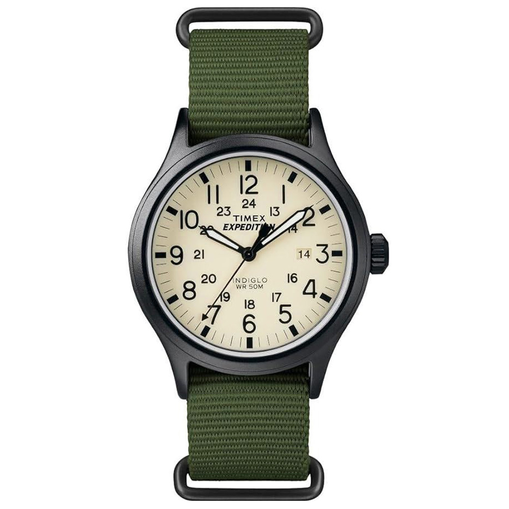 RELOJ TIMEX EXPEDITION SCOUT TW4B15500 LUZ INDIGLO FECHA CORREA DE NYLON VERDE DIAL CREMA - 1