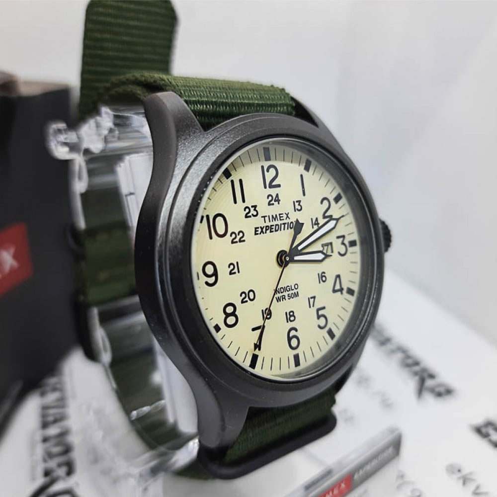 RELOJ TIMEX EXPEDITION SCOUT TW4B15500 LUZ INDIGLO FECHA CORREA DE NYLON VERDE DIAL CREMA - 2