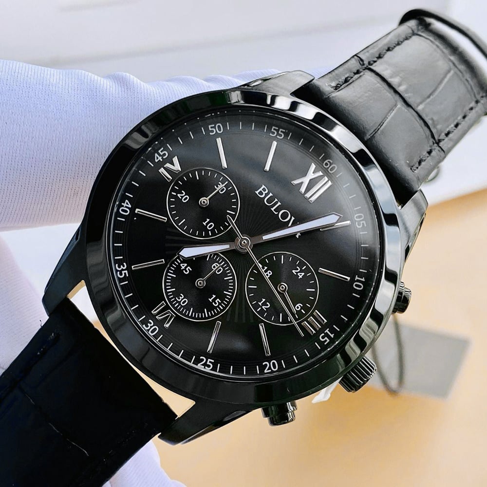 RELOJ BULOVA 98A152 CRONÓMETRO ACERO INOXIDABLE CORREA DE CUERO DIAL NEGRO - 2