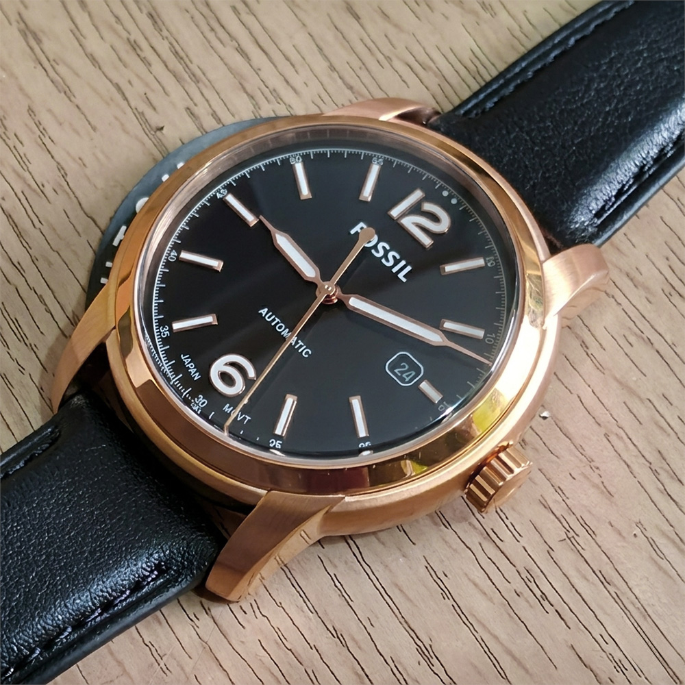 RELOJ FOSSIL HERITAGE ME3222 AUTOMÁTICO FECHA ACERO ORO ROSADO CUERO NEGRO - 2