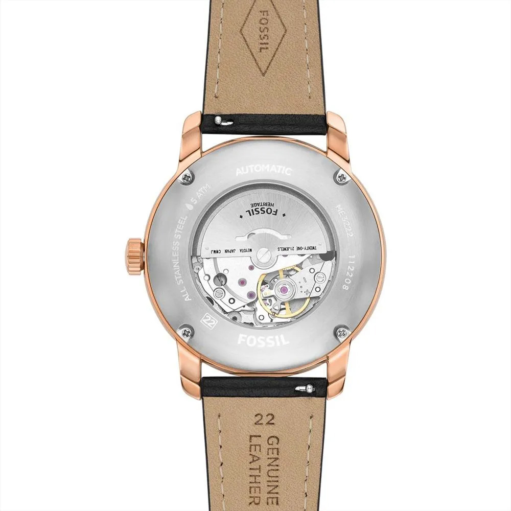 RELOJ FOSSIL HERITAGE ME3222 AUTOMÁTICO FECHA ACERO ORO ROSADO CUERO NEGRO - 4